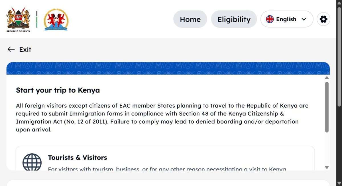 The application start screen, with eligibility rules laid out before you begin.
