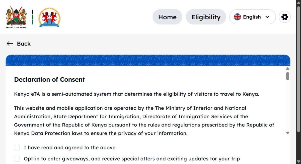 Kenya's Declaration of Consent, required before your application moves forward.